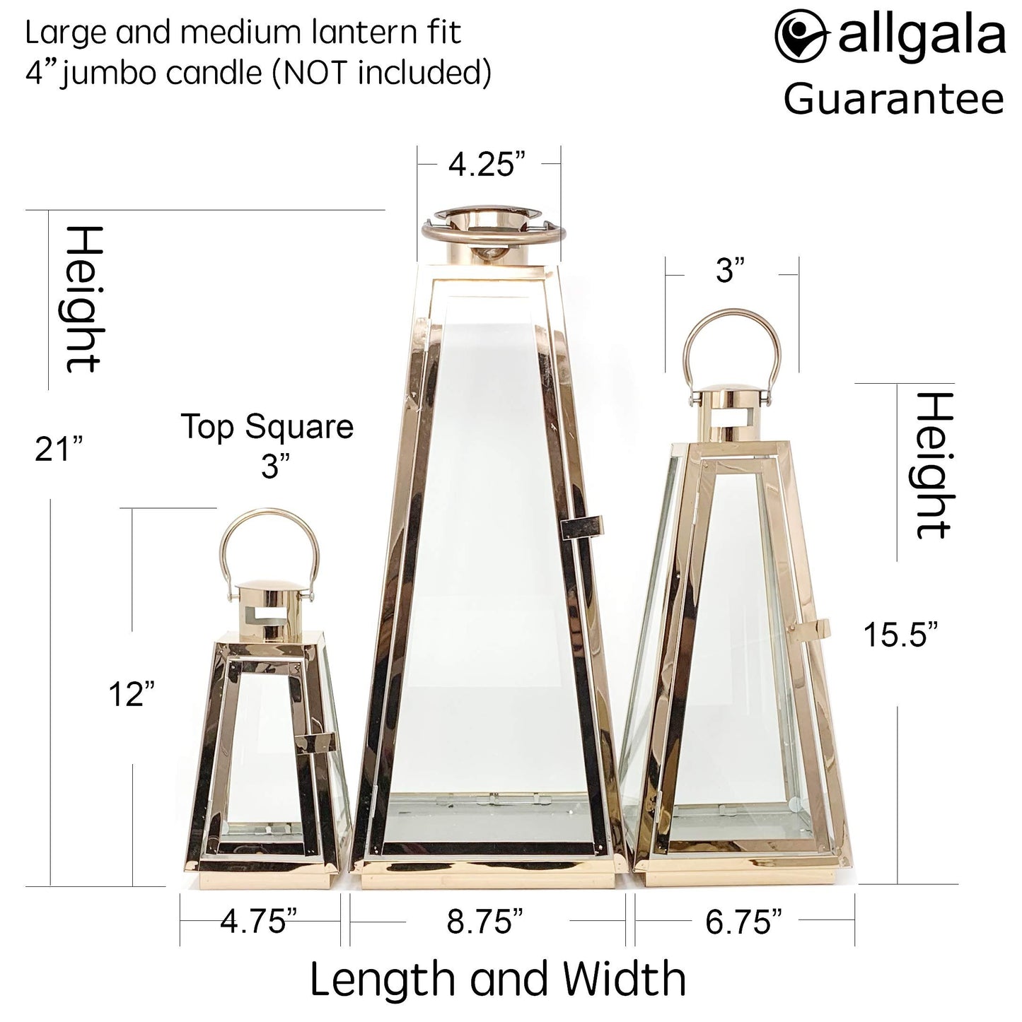 Allgala Lantern Set 3-PC Jumbo Deluxe Modern Indoor/Outdoor Candle Lantern Set with Chrome Plated Structure and Tempered Glass for Garden Poolside Fireplace Wedding