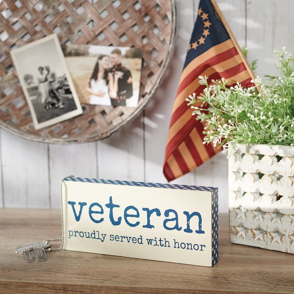Rustic wooden block sign displaying "Veteran Proudly Served With Honor" sentiment in patriotic blue color. Sides feature debossed white star designs on blue for added texture.