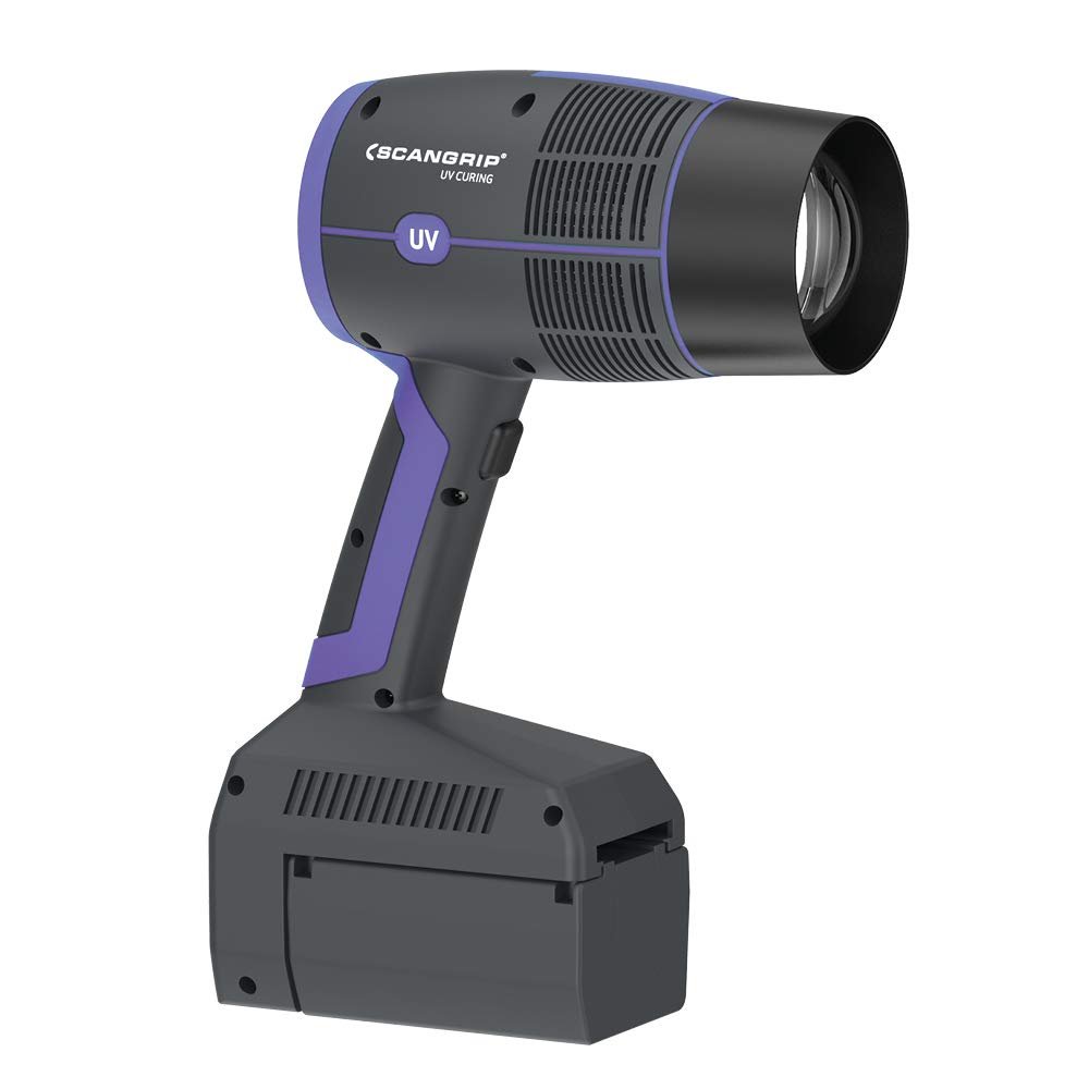 SCANGRIP UV-Gun, Rechargeable LED Work Light for UV Curing of Large Paint Repair, Exchangeable Battery Pack, Handheld, 1 Minute Curing Time, Can be Used on Plastic and Heat Sensitive Material