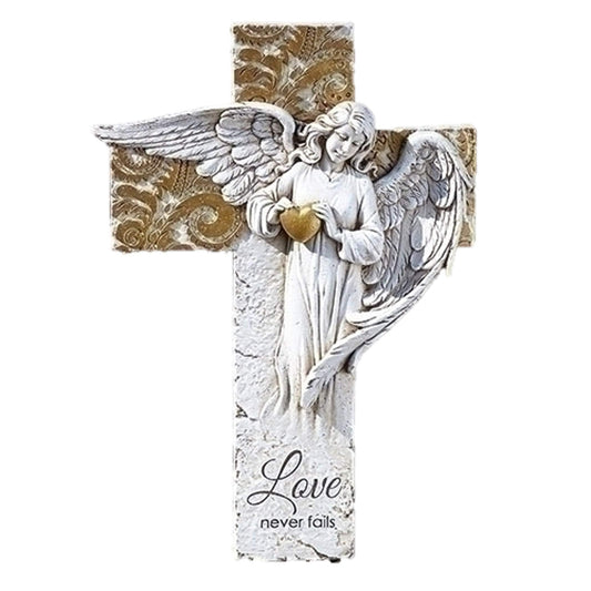 Roman Angel on Cross with Gold Heart Garden Statue,12-inch Height