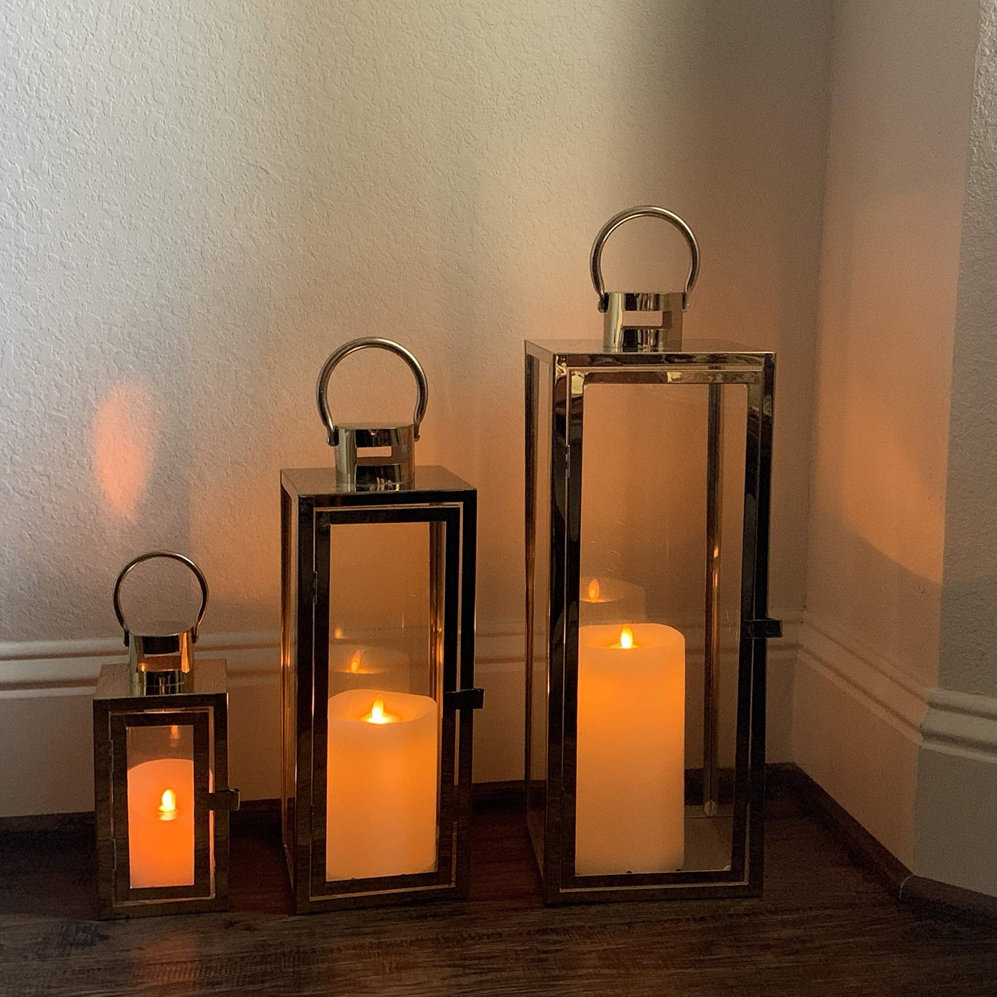 Allgala Lantern Set 3-PC Jumbo Deluxe Modern Indoor/Outdoor Candle Lantern Set with Chrome Plated Structure and Tempered Glass for Garden Poolside Fireplace Wedding