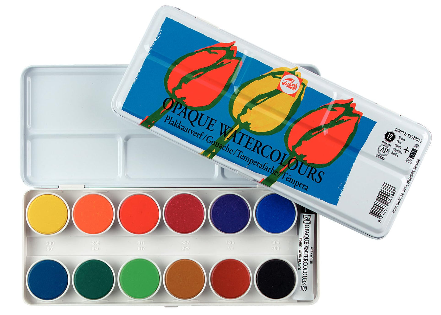 Talens Opaque Watercolors, Metal Tin, Set of 12 Round Pans
