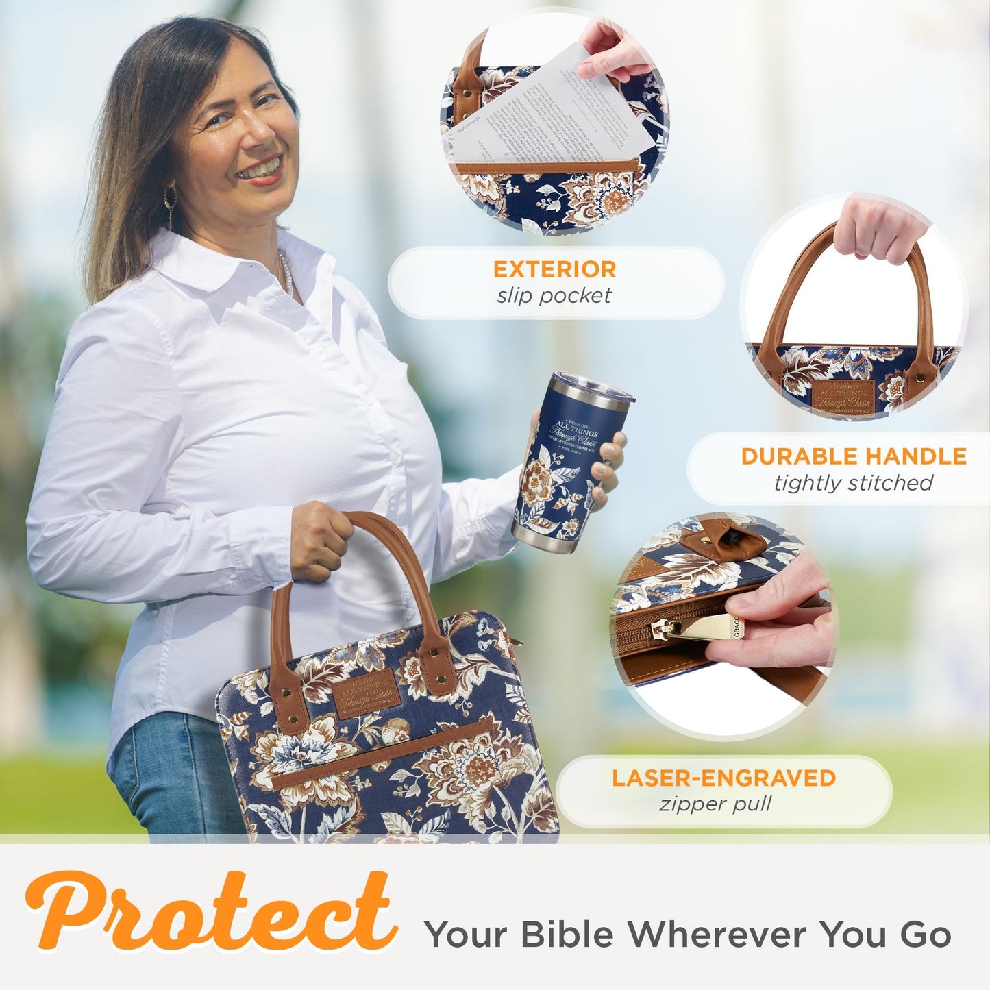 Christian Art Gifts Fashion Vegan Leather Purse Style Bible Cover Case for Women: All Things Through Christ Gold Scripture, Pen Loops, Two Handles, Pockets, Navy Blue & Brown Floral