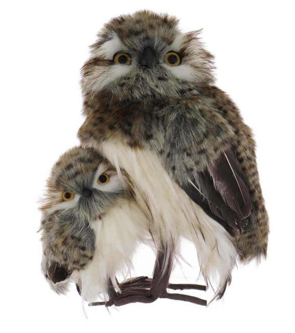 Regency Large Speckled Furry Feathered Hoot Owl and Baby Owl Figurine 11 1/2 inches