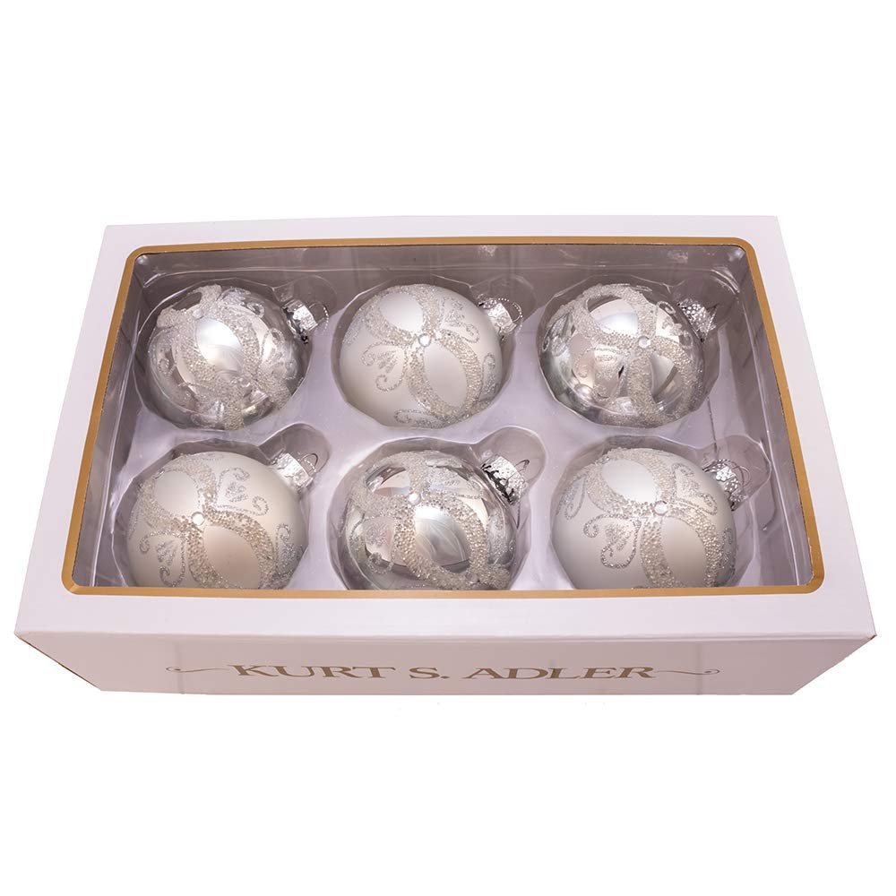 Kurt Adler 80MM Silver with Glitter and Sequins Glass Ball Ornaments, 6 Piece Box