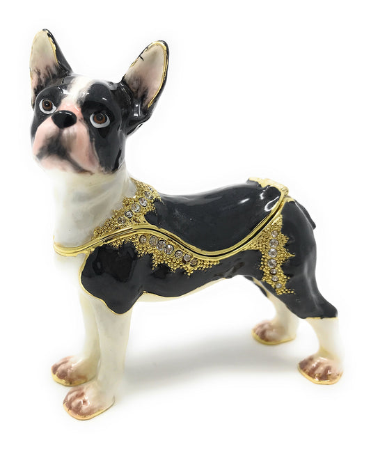 Kubla Crafts Enameled Boston Terrier Dog Trinket Box, Accented with Austrian Crystals