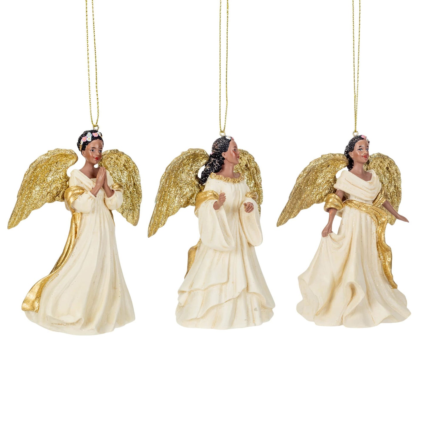 Kurt Adler IVORY AND GOLD AFRICAN AMERICAN ANGEL ORNAMENT - 3 ASSORTED