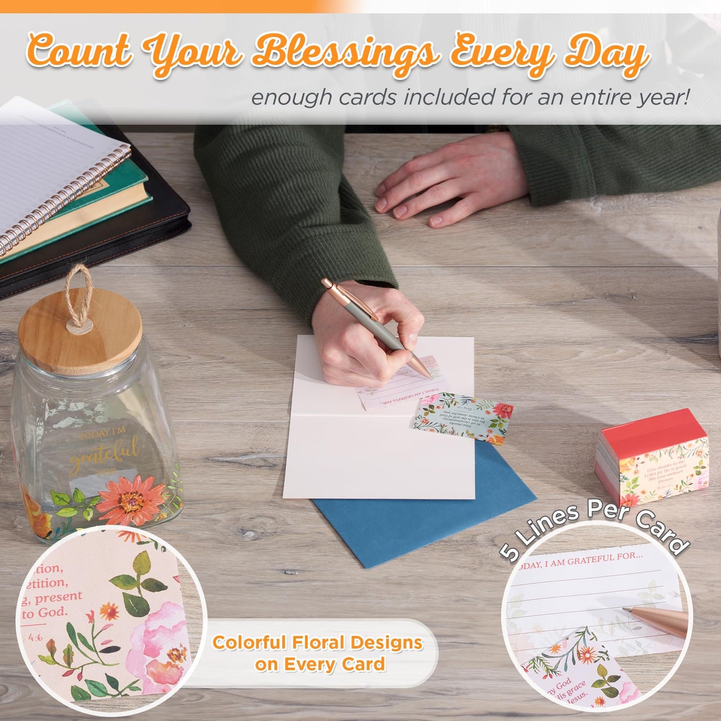 Christian Art Gifts Keepsake Count Your Blessings Glass Gratitude Jar Set with Bible Verse Note Cards - Today I'm Grateful For, Floral Orange Daisy