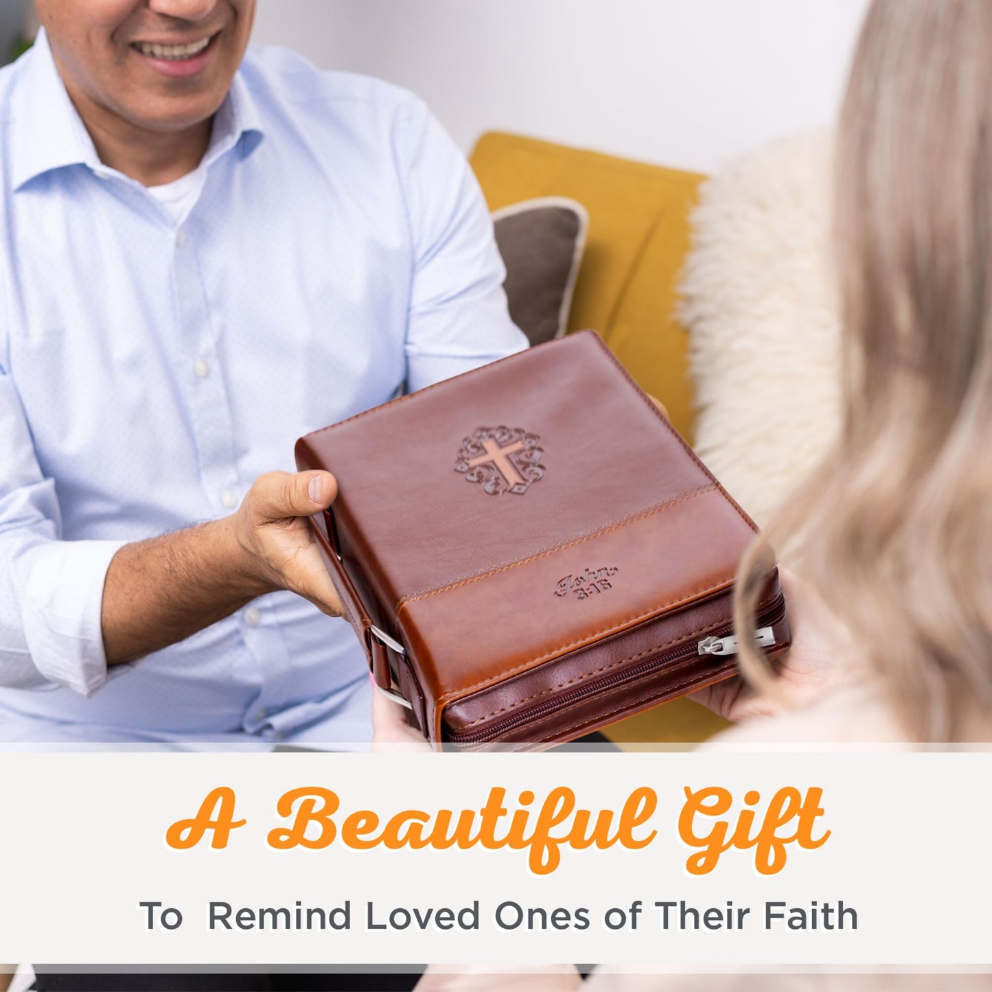 Christian Art Gifts Men's Classic Bible Cover Cross John 3:16, Brown Faux Leather