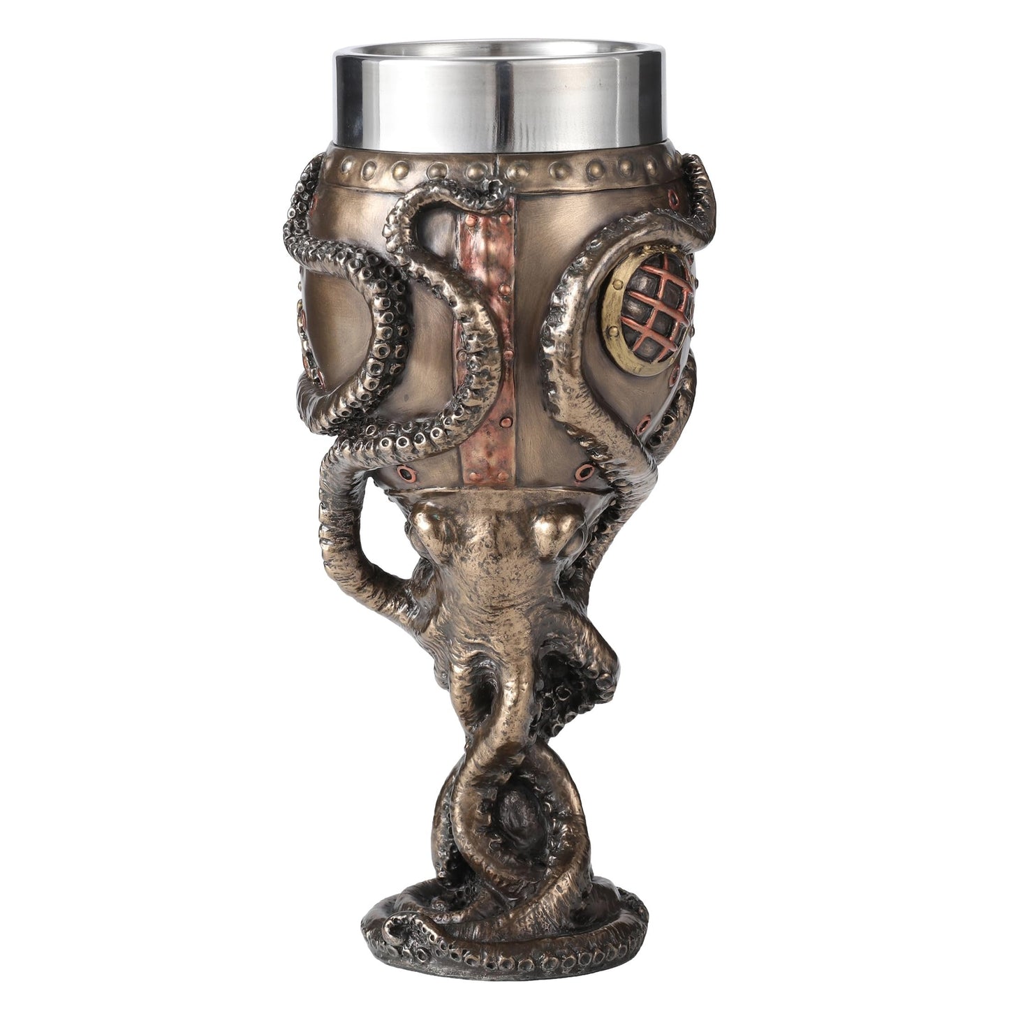 Veronese Design 7 1/2 Inch Steampunk Octopus Diving Bell Goblet Cold Cast Resin Bronze Finish Stainless Steel Cup (7 fl oz)