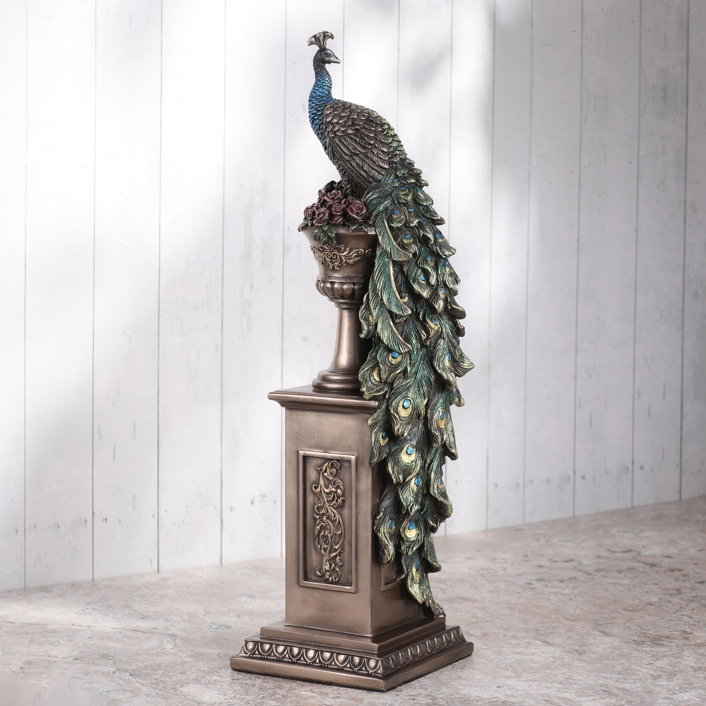 Veronese Design 13 5/8 Inch Peacock Perching On Column Vase Cold Cast Resin Bronze Finish Sculpture Animal Home Decor Statue