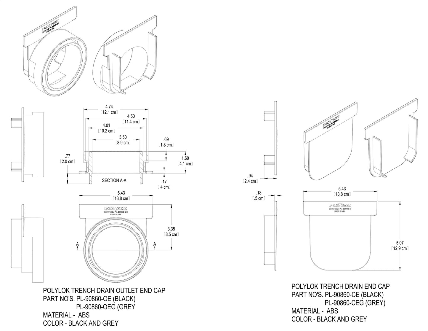 Polylok Heavy Duty Trench Drain Open End Outlet - Gray