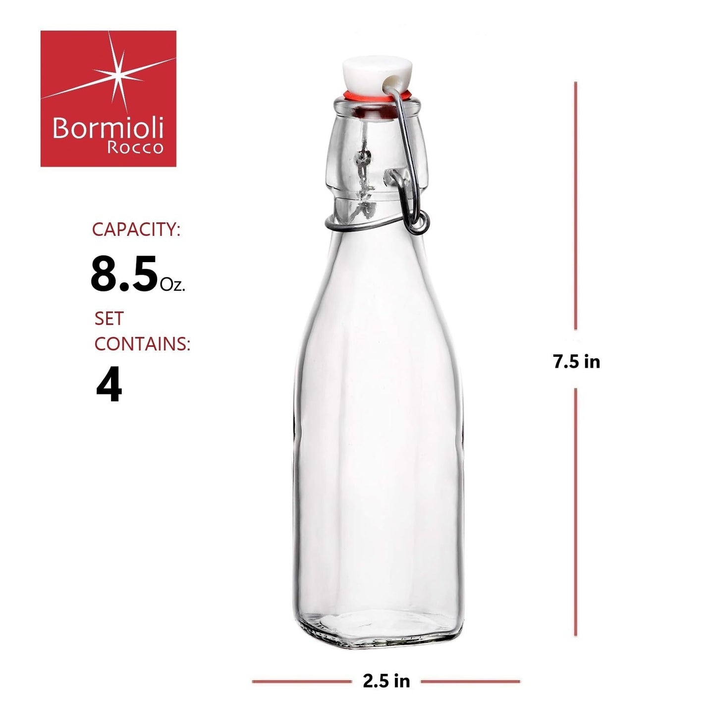 Bormioli Rocco Swing Top Glass Bottle (Set of 4) - Reusable Container with Secure Metal Clasp, Ideal for Homemade Juices, Oil Infusions, Condiments, Mixers - Everyday Drinking Glasses