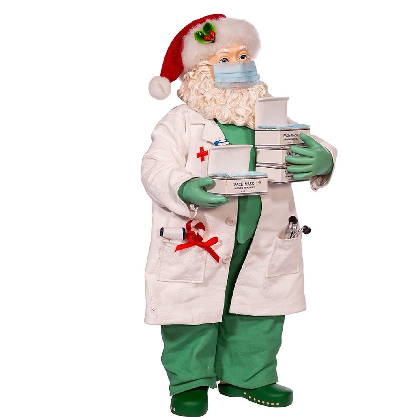 Kurt Adler 10.5-Inch Fabriche Santa Doctor in Scrubs Holding Boxes Of Masks, Multi-color, (FA0144)
