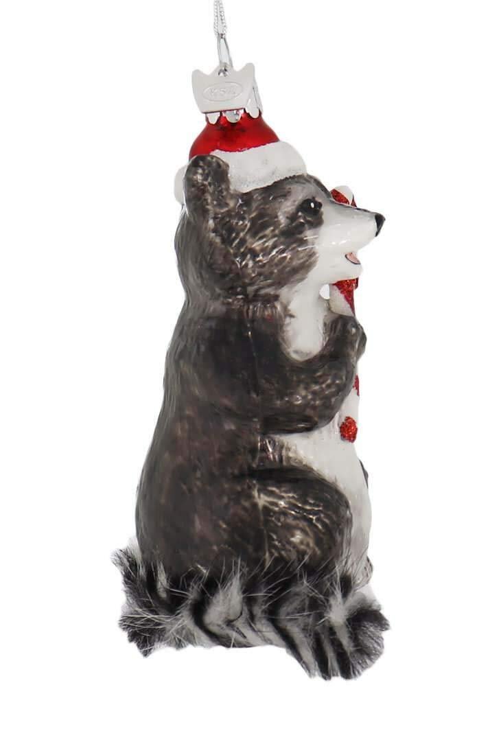 Noble Gems Raccoon with Candy Cane Glass Christmas Ornament NB1569