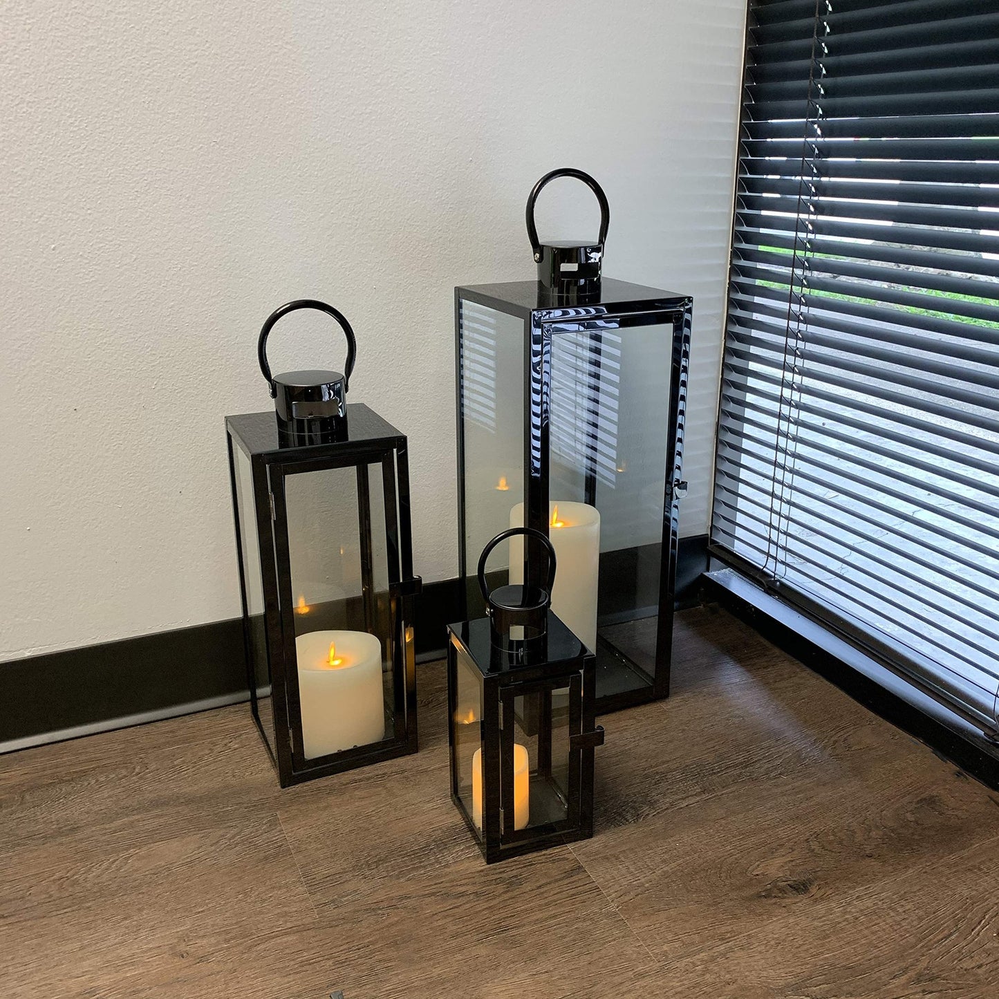 Allgala Lantern Set 3-PC Jumbo Deluxe Modern Indoor/Outdoor Candle Lantern Set with Chrome Plated Structure and Tempered Glass for Garden Poolside Fireplace Wedding