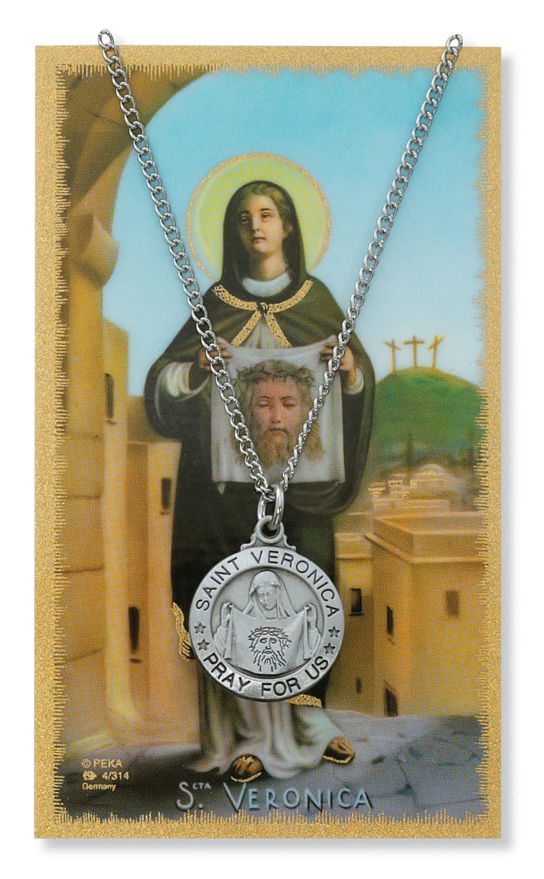 Saint St Veronica 3/4-inch Pewter Medal Pendant Necklace with Holy Prayer Card