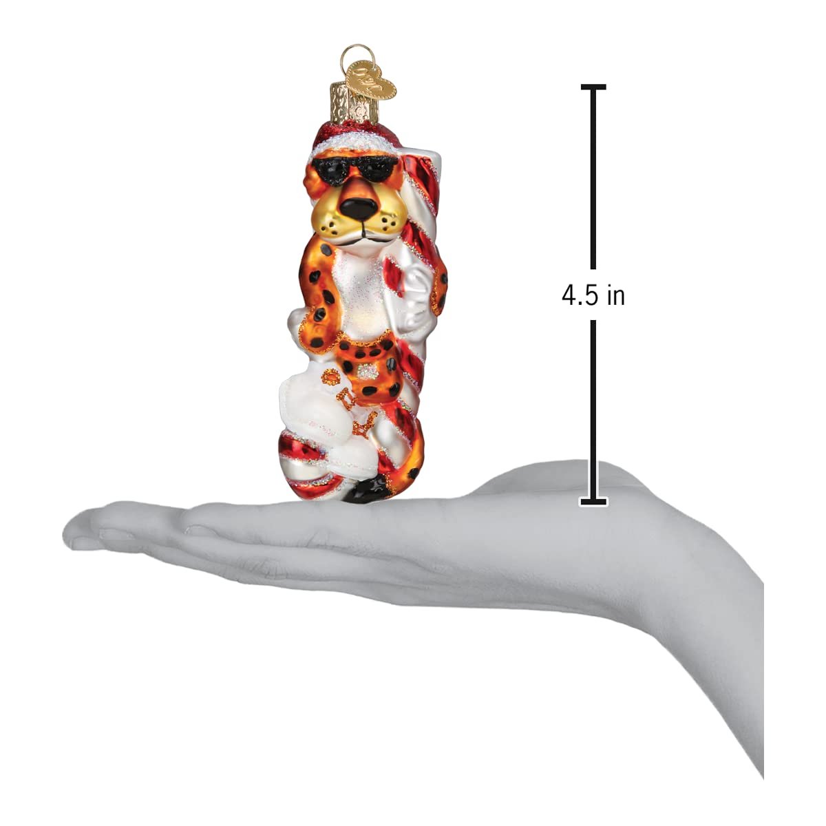 Old World Christmas Chester Cheetah On Candy Cane Glass Blown Ornament for Christmas Tree