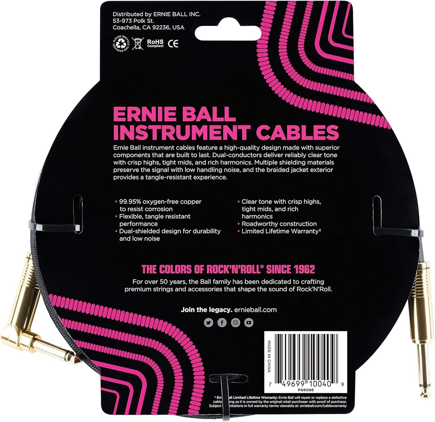 Ernie Ball Braided Instrument Cable Set Straight/Angle Length 18ft in Black (P06086) - Pack of 2