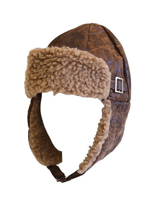 Aviator Pilot Cap Hat Brown w/ Buckle & Faux Fur - Costume Accessory