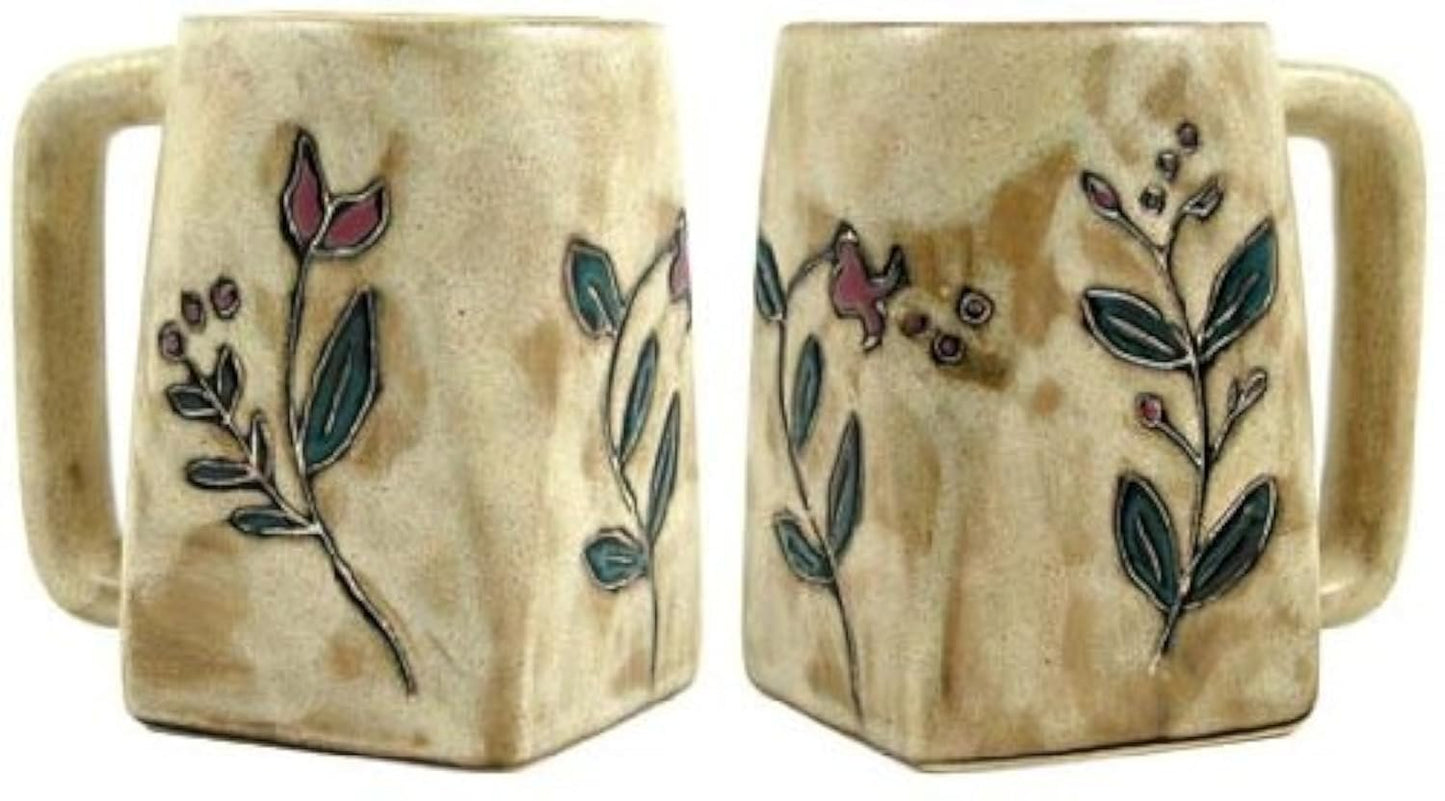 Set Of Two (2) MARA STONEWARE COLLECTION - 12 Oz Coffee Cup Collectible Square Mugs - Wild flowers Design