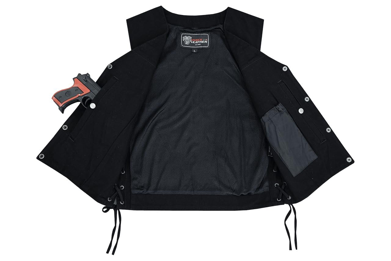 Vance Men's V-Neck Denim Vest for Motorcycle Riders with Conceal Carry Pockets