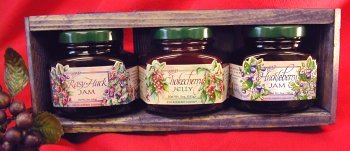 Jam & Jelly 3 different 5oz Jar Handcrafted Gift Crate, this Set is from Huckleberry Haven and features Chokecherry Jelly, Huckleberry Jam and Rasy-Huck Jam