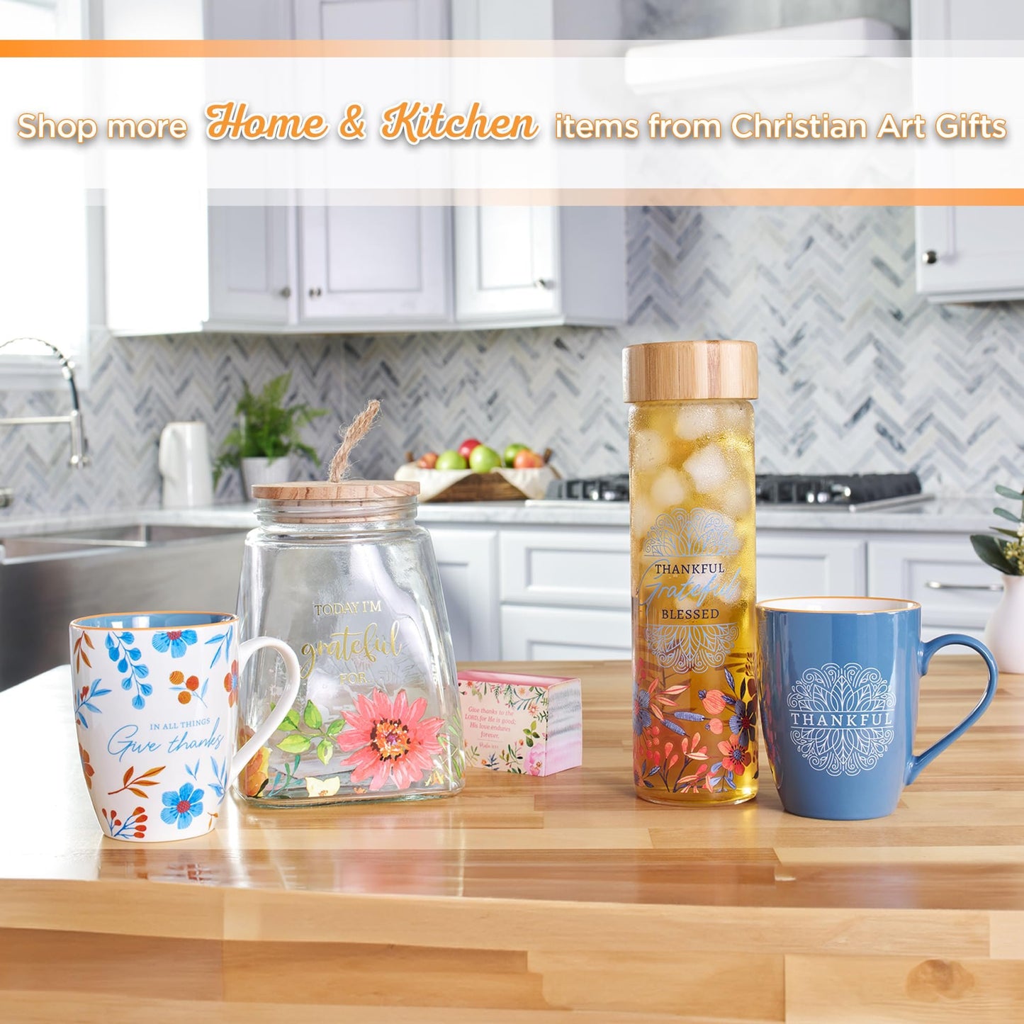 Christian Art Gifts Keepsake Count Your Blessings Glass Gratitude Jar Set with Bible Verse Note Cards - Today I'm Grateful For, Floral Orange Daisy