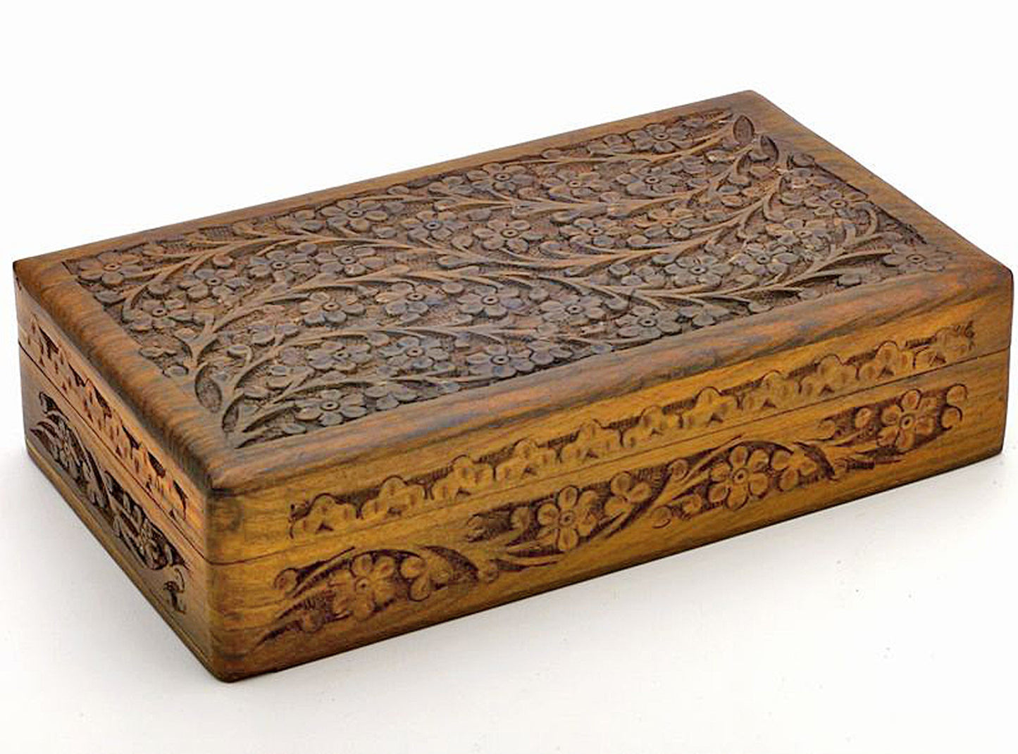 IndiaArts Wooden Box 6x10x2.5 inch, Hand Carved Flowers & Vines Design