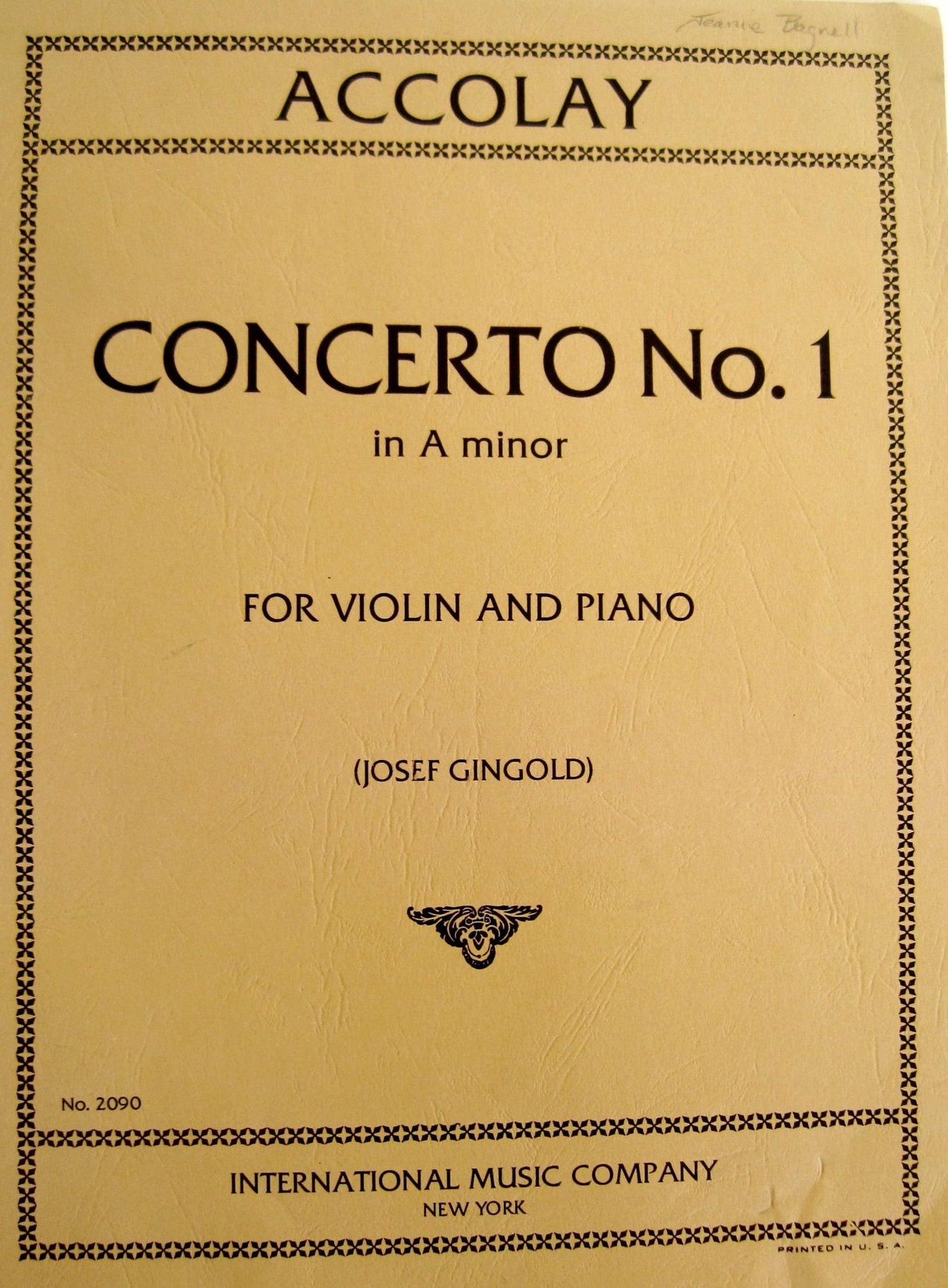 ACCOLAY CONCERTO NO.1 IN A MINOR for Violin & Piano