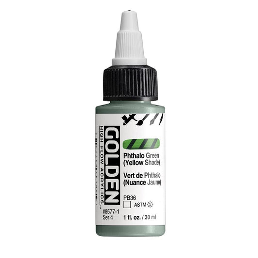 High Flow Acrylics by GOLDEN, Phthalo Green (Yellow Shade), 1 fl. oz. Bottle, Professional Acrylic Paint, Transparent