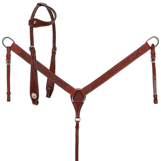 Showman Floral Tooled Leather Single Ear Headstall, Breast Collar & Reins Set