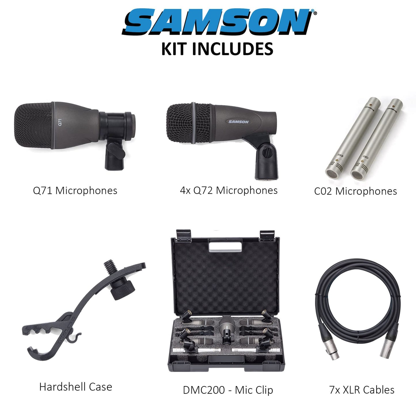 SAMSON DK707 7-Piece Drum Microphone Kit with 7 Premium XLR Mic Cables, XLR-M to -F - Recording Accessory Bundle