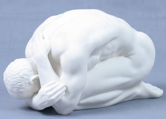 US 8.25" White Porcelain Nude Man Kneeling and Bowed Figurine, Matt