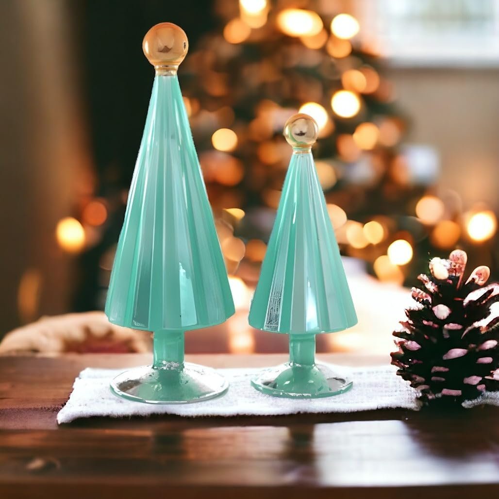 Cody Foster & Co Pleated Tree Small Moss Aqua Set of 2, Hand-Blown Glass Christmas Trees, Aqua with Gold Orb