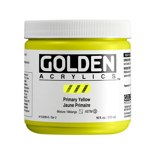 Heavy Body Acrylics by GOLDEN, Primary Yellow, 16 fl. oz. Jar, Professional Acrylic Paint, Semi-Transparent