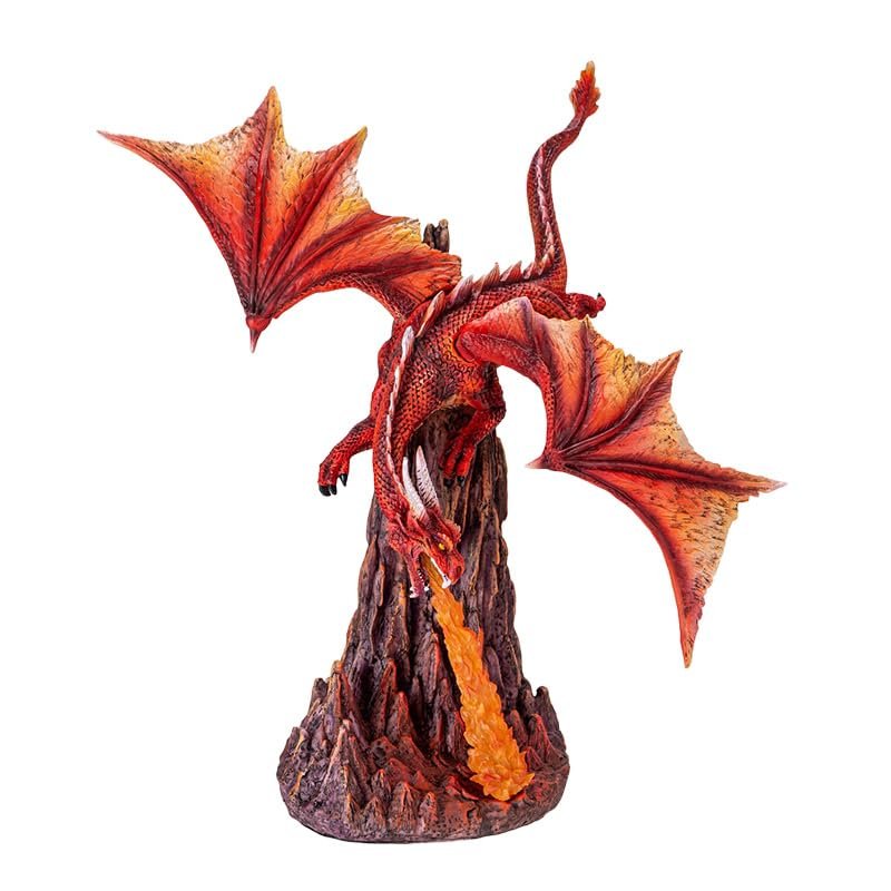 Pacific Giftware Fury Fire Dragon Figurine Red Dragon Sculpture Breathing Fire Over Volcanic Rock Base Dragon Dungeon Decor and Home Display 13 Inches Tall