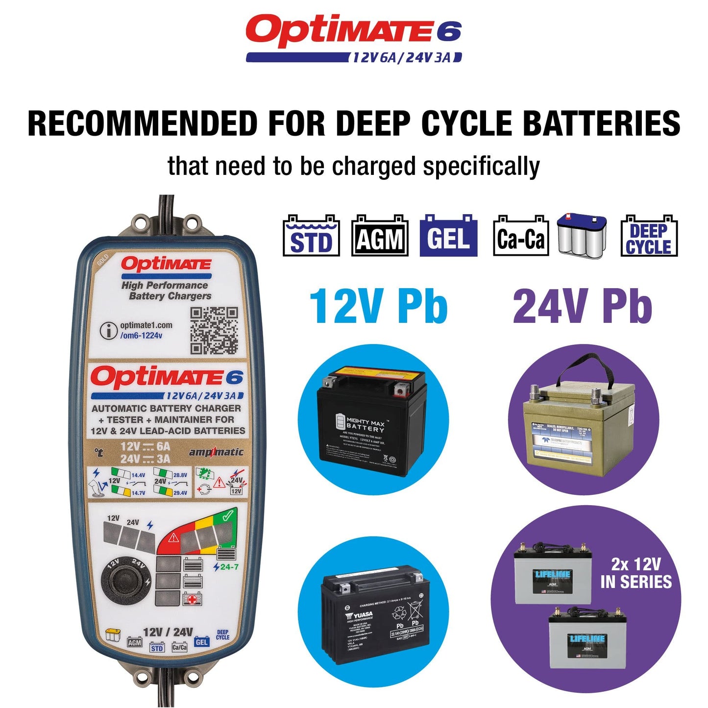 OptiMate 6 12V/24V - 12V 6A / 24V 3A, High Performance battery saving charger & maintainer for Deep Cycle RV, Camping, Industrial & Marine batteries (TM-381)