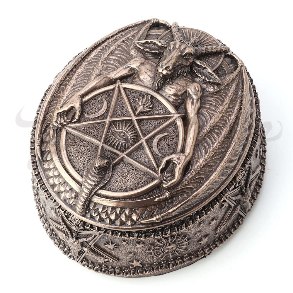 Veronese Design 5 1/4 Inch Wiccan Pentagram Baphomet Oval Shaped Trinket Box Resin Sculpture Bronze Finish