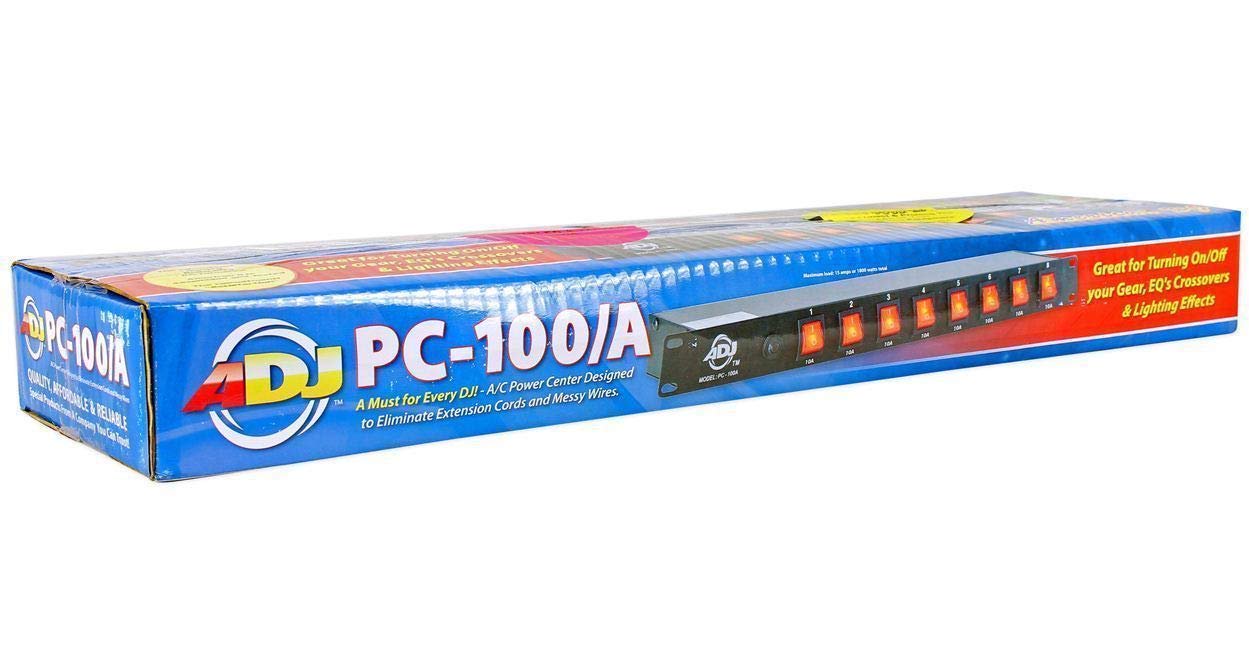 American DJ 8 channel AC power strip with 15 amp breaker and 8 on/off toggle switches. 19 inch rack mountable