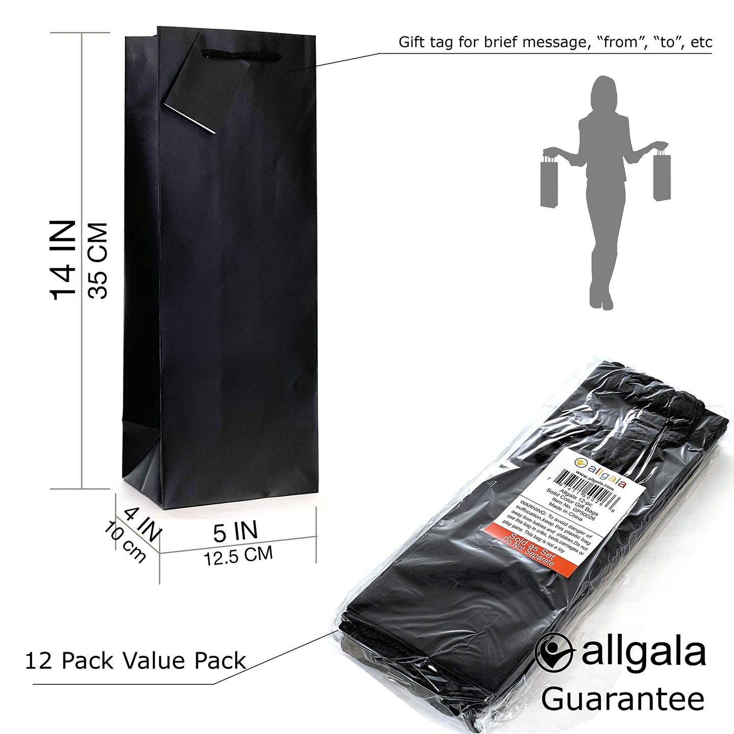 allgala 12PK Value Premium Solid Color Paper Gift Bags