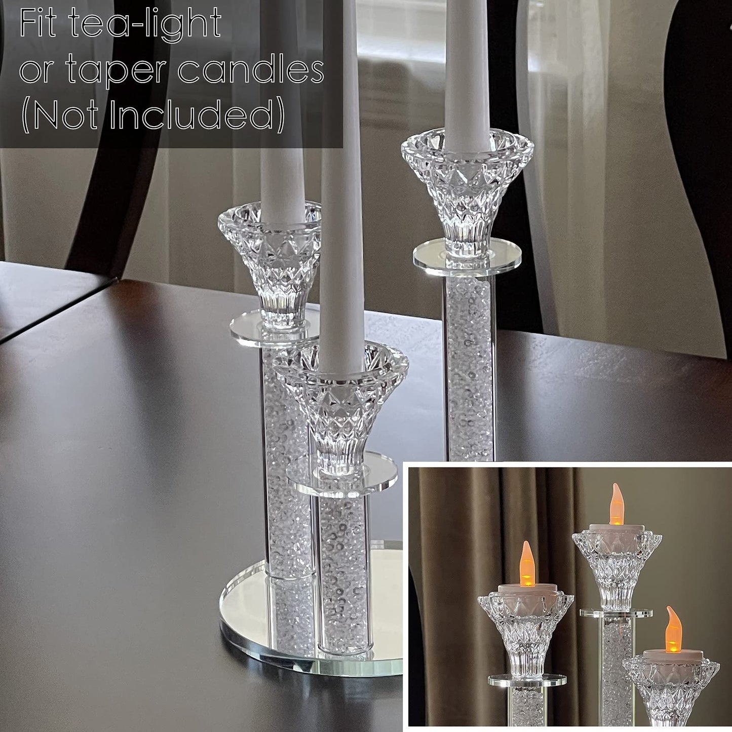 Allgala 9 Inch Tall 3-Pillar Filled with Diamond Like Stone Filled Crystal Candlesticks with Mirror Base