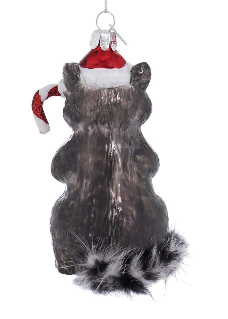 Noble Gems Raccoon with Candy Cane Glass Christmas Ornament NB1569