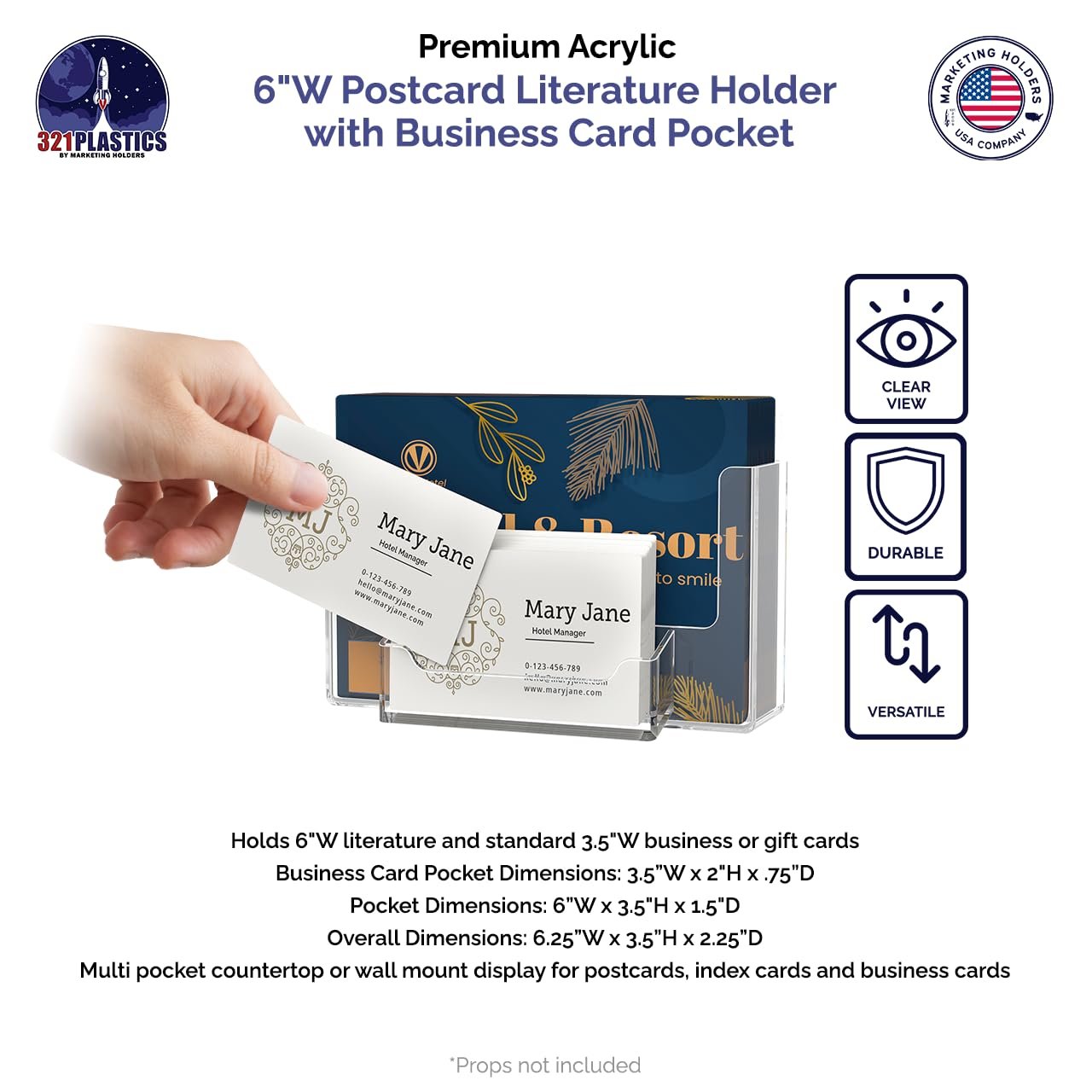 Marketing Holders Postcard Holder 6 Inch Wide with 3.5" x 2" Business Card Pocket and Hanging Hardware Wall Index Card Display Clear Acrylic Literature Organizer for Offices Shops and Tradeshows