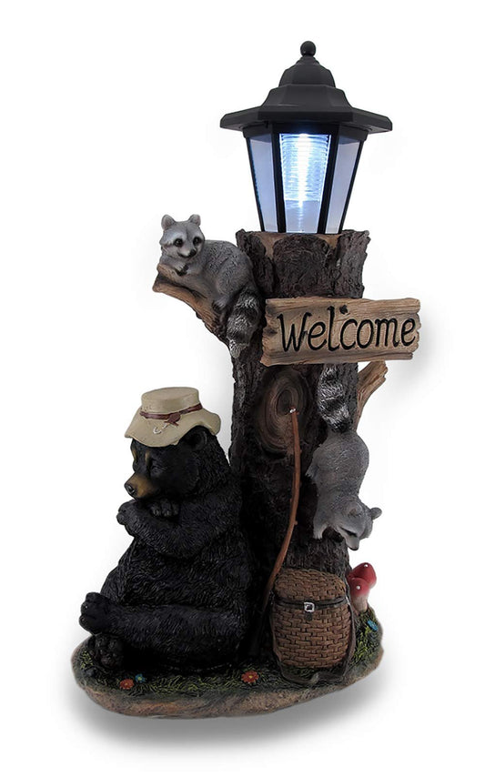 Zeckos Lazy Days of Summer Black Bear and Friends LED Solar Lantern Welcome Sign