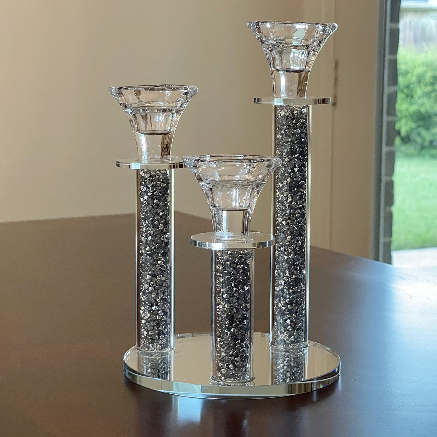 Allgala 9 Inch Tall 3-Pillar Filled with Diamond Like Stone Filled Crystal Candlesticks with Mirror Base
