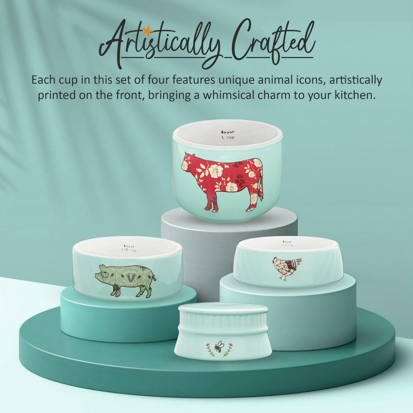 Pavilion Gift Company Live Simply Bee Chicken Pig and Cow Measuring Cups, Teal