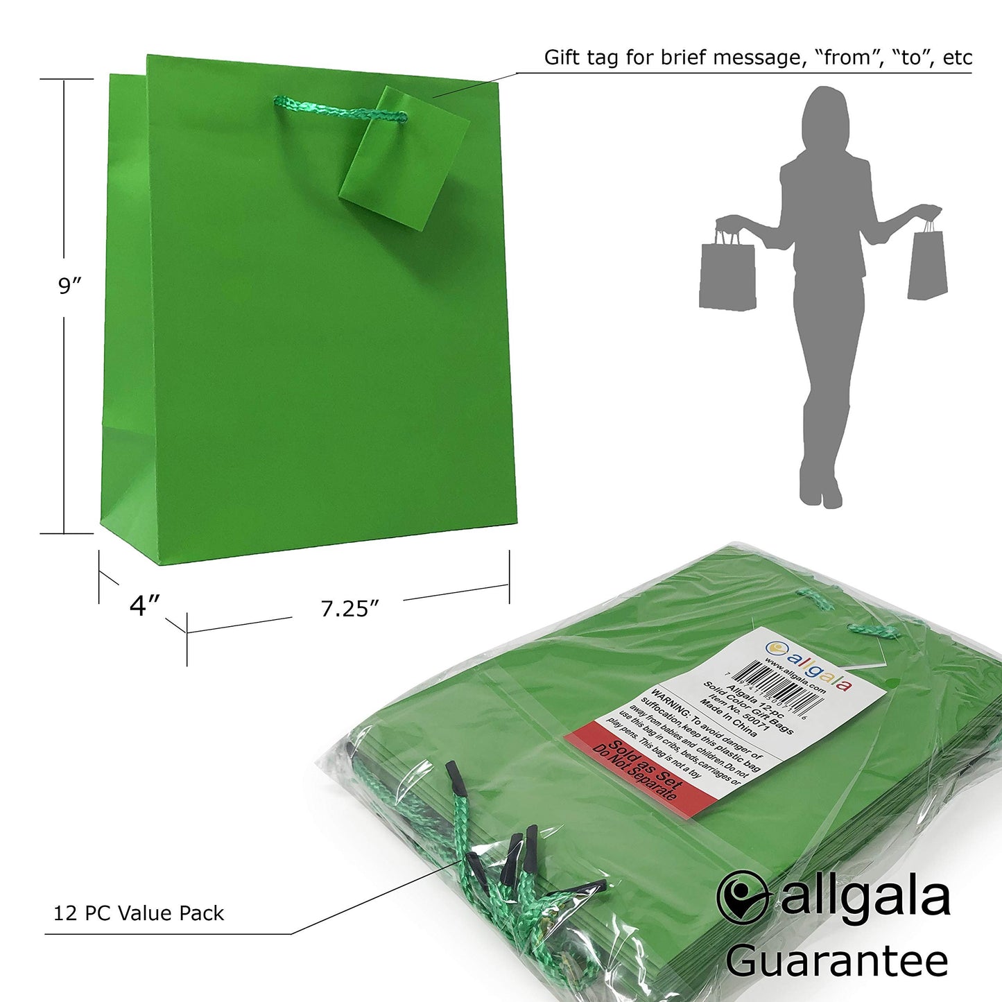 allgala 12PK Value Premium Solid Color Paper Gift Bags