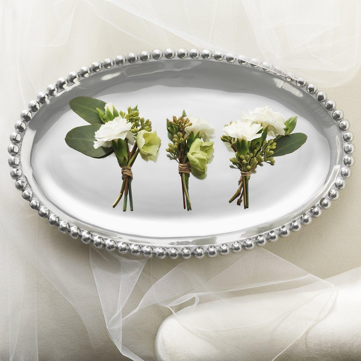 Mariposa Pearled Oval Platter | Silver | Brillante | Tableware | PLATTERS | Recycled SANDCAST Aluminum | Handmade in Mexico