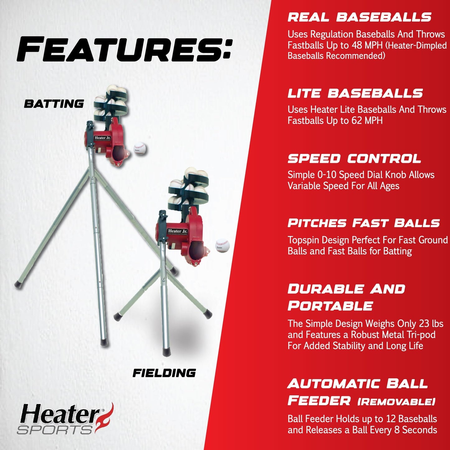 Heater Sports Junior Baseball Pitching Machine, Portable, and Adjustable with Variable Speed and Angle, Perfect for Kids' Batting Practice, Skill Development, and Backyard Training